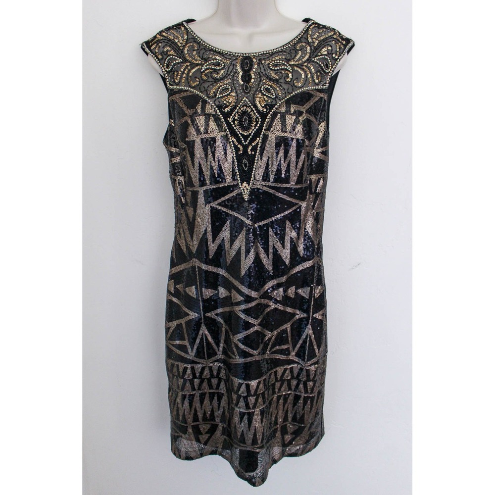 Sue Wong Nocturne Dress Size 10 Black Gold Sequin Sheath‎ Beaded Cocktail